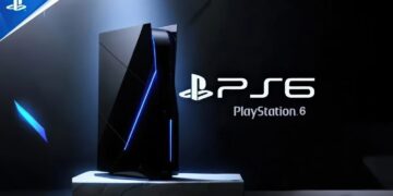 رندر مفهومی از کنسول PlayStation 6 با طراحی عمودی آینده‌نگر، بدنه مشکی براق و خطوط نور LED آبی در امتداد کناره‌ها. کنسول روی پایه سفید قرار گرفته و در سمت راست تصویر لوگو و نام PS6 با فونت رسمی پلی‌استیشن دیده می‌شود. نورپردازی سرد و پس‌زمینه تیره حس تکنولوژیک و نسل بعدی را برجسته می‌کند
