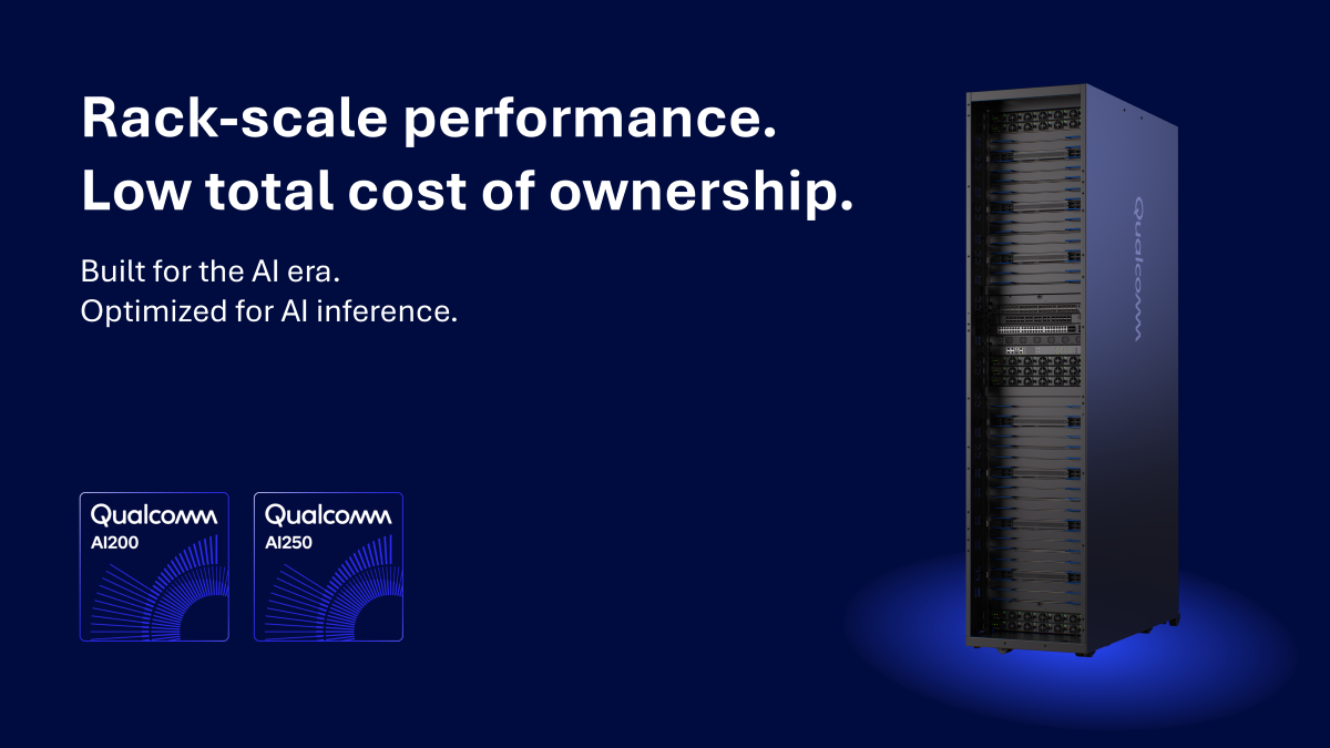 رندر تبلیغاتی رک سرور کوالکام برای دیتاسنتر با شعار Rack-scale performance و معرفی شتابدهندههای هوش مصنوعی Qualcomm AI200 و AI250 برای پردازشهای استنتاجی (Inference).