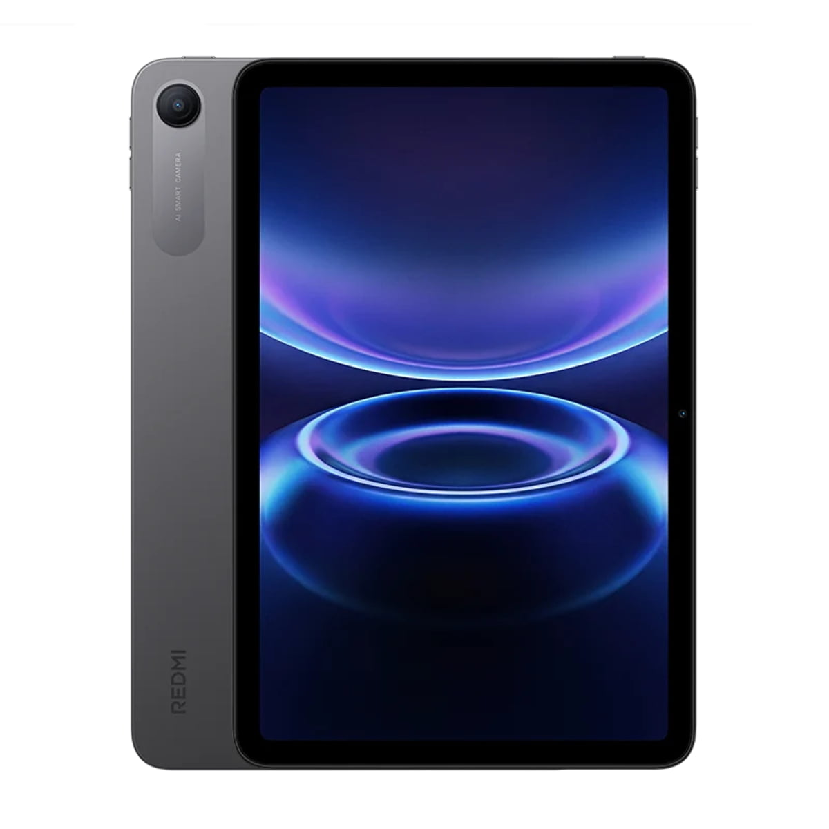 نمای جلو و پشت تبلت Redmi با بدنه خاکستری مات، نمایشگر بزرگ با والپیپر حلقه‌های نور آبی و بنفش، و ماژول دوربین تکی در گوشه بالا. لوگوی Redmi به‌صورت عمودی روی پنل پشتی دیده می‌شود