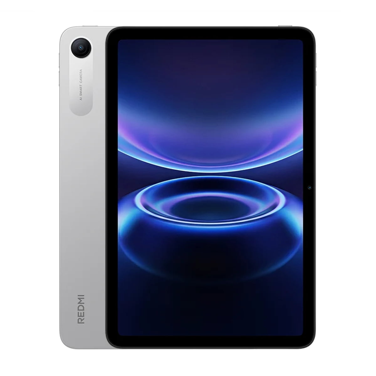 نمای جلو و پشت تبلت Redmi در رنگ سفید با نمایشگر بزرگ و والپیپر حلقه‌های نور آبی، همراه با دوربین تکی در ماژول عمودی و لوگوی Redmi روی پنل پشتی