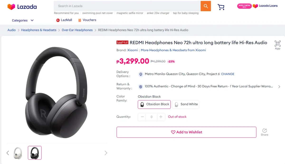 اسکرینشات صفحه محصول Lazada برای هدفون Redmi Headphones Neo با عمر باتری ۷۲ ساعته و پشتیبانی از Hi‑Res Audio، نمایش مدل Obsidian Black و قیمت تخفیفخورده 3299 پزو
