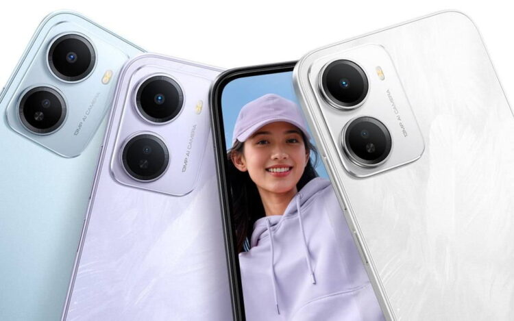 سه گوشی Redmi در رنگ&zwnj;های سفید، آبی و بنفش با ماژول دوربین دوگانه 50MP AI Camera که در کنار یک گوشی دیگر قرار گرفته&zwnj;اند؛ روی صفحه یک فرد با چهره نامشخص دیده می&zwnj;شود