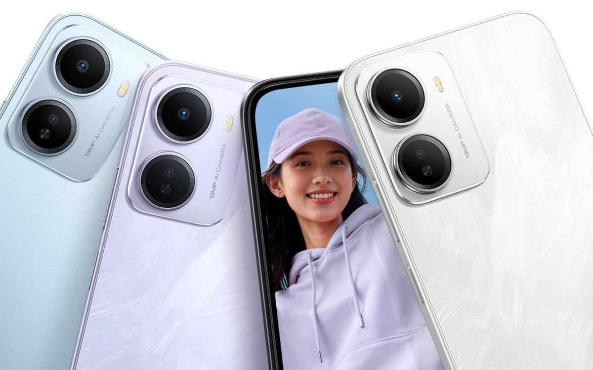 سه گوشی Redmi در رنگهای سفید، آبی و بنفش با ماژول دوربین دوگانه 50MP AI Camera که در کنار یک گوشی دیگر قرار گرفتهاند؛ روی صفحه یک فرد با چهره نامشخص دیده میشود