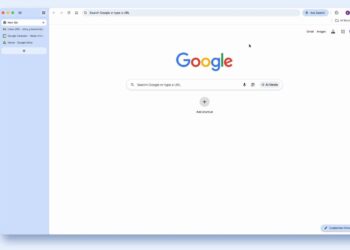 نمای رابط کاربری مرورگر Google Chrome با طراحی جدید؛ صفحه New Tab شامل لوگوی Google، نوار جستجو، دکمه AI Mode و پنل کناری برای تب‌ها و میانبرهای سرویس‌هایی مانند Gmail و Google Drive