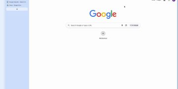 نمای رابط کاربری مرورگر Google Chrome با طراحی جدید؛ صفحه New Tab شامل لوگوی Google، نوار جستجو، دکمه AI Mode و پنل کناری برای تب‌ها و میانبرهای سرویس‌هایی مانند Gmail و Google Drive