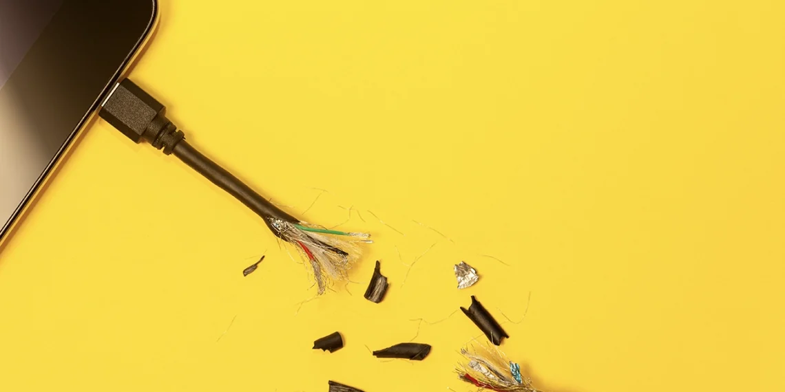 کابل شارژر گوشی پاره و فرسوده با سیم‌های داخلی نمایان روی پس‌زمینه زرد، نمادی از آسیب‌دیدگی تجهیزات و کاهش کارایی باتری