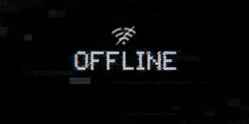 نمایش نماد وای‌فای با خط مورب قرمز روی آن در بالای نوشته OFFLINE با جلوه گلیچ دیجیتال روی پس‌زمینه تیره؛ تصویری مفهومی که قطع بودن اتصال اینترنت یا وضعیت آفلاین شبکه را نشان می‌دهد