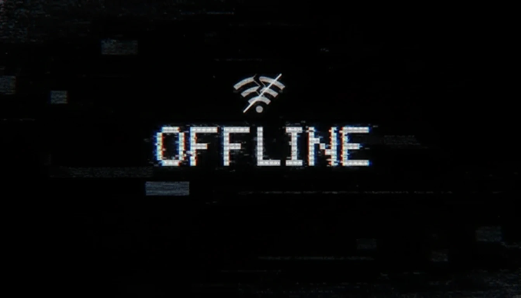 نمایش نماد وای‌فای با خط مورب قرمز روی آن در بالای نوشته OFFLINE با جلوه گلیچ دیجیتال روی پس‌زمینه تیره؛ تصویری مفهومی که قطع بودن اتصال اینترنت یا وضعیت آفلاین شبکه را نشان می‌دهد