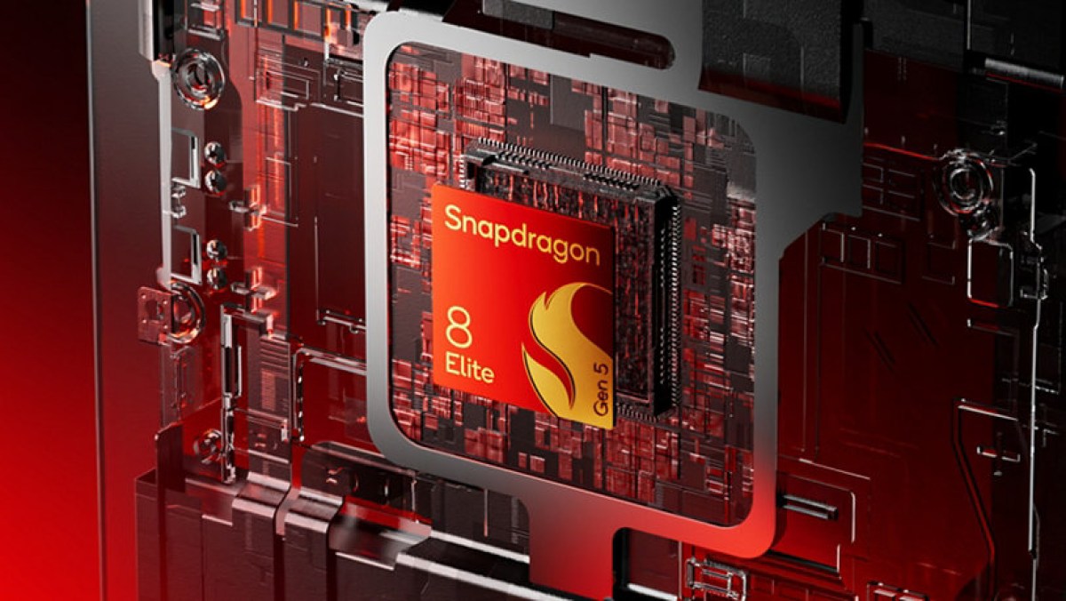 رندر سهبعدی چیپ Snapdragon 8 Elite Gen 5 با پسزمینه شفاف قرمز و نمایش معماری داخلی پردازنده
