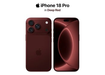 تصویر رندر iPhone 18 Pro در رنگ Deep Red شامل نمای پشت با ماژول دوربین سه‌گانه و فلش، و نمای جلو با نمایشگر تمام‌صفحه و طراحی Dynamic Island؛ متن iPhone 18 Pro in Deep Red در بالای تصویر دیده می‌شود