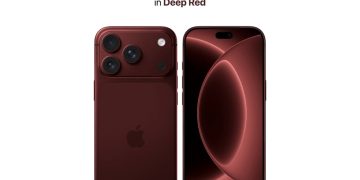 تصویر رندر iPhone 18 Pro در رنگ Deep Red شامل نمای پشت با ماژول دوربین سه‌گانه و فلش، و نمای جلو با نمایشگر تمام‌صفحه و طراحی Dynamic Island؛ متن iPhone 18 Pro in Deep Red در بالای تصویر دیده می‌شود