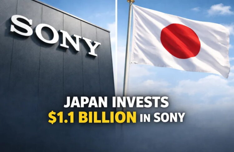تصویر ترکیبی شامل نمای نزدیک ساختمان سونی با لوگوی بزرگ SONY روی دیوار تیره و پرچم ژاپن در حال اهتزاز در آسمان آبی. در پایین تصویر متن Japan Invests $1.1 Billion in Sony نمایش داده شده که به سرمایه‌گذاری ۱.۱ میلیارد دلاری ژاپن در سونی اشاره دارد
