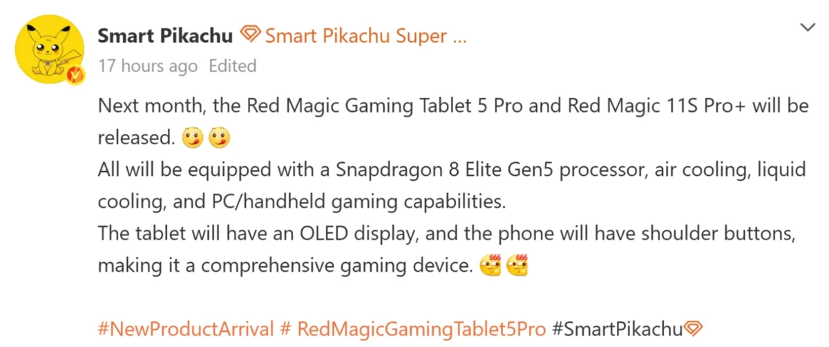 اسکرینشات پست Smart Pikachu درباره معرفی Red Magic Gaming Tablet 5 Pro و Red Magic 11S Pro+ با اشاره به چیپ Snapdragon 8 Elite Gen5، سیستم خنککننده هوا و مایع، نمایشگر OLED و قابلیتهای گیمینگ PC/Handheld