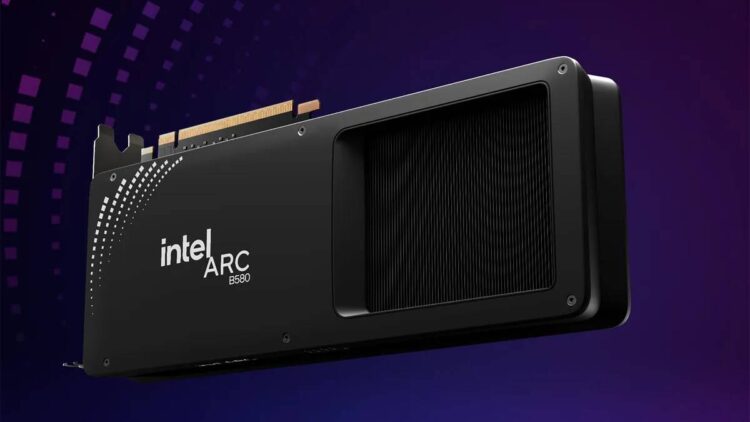 رندر سه&zwnj;بعدی از کارت گرافیک Intel ARC B580 با طراحی مشکی و فن جانبی بزرگ؛ کارت روی پس&zwnj;زمینه گرادیانی بنفش نمایش داده شده و لوگوی intel ARC روی بدنه دیده می&zwnj;شود؛ مناسب گیمینگ و پردازش&zwnj;های گرافیکی میان&zwnj;رده