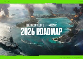 پوستر رسمی نقشه‌راه Battlefield 6 برای سال 2026 با نمای سینماتیک از یک نبرد دریایی بزرگ در اقیانوس. ناوهای هواپیمابر، قایق‌های تندرو و دود ناشی از انفجار جزایر دیده می‌شود. در مرکز تصویر متن BATTLEFIELD 6 و REDSEC همراه با عبارت 2026 ROADMAP قرار دارد. طراحی با تم سبز نئونی و افکت‌های گلیچ ارائه شده است