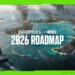 پوستر رسمی نقشهراه Battlefield 6 برای سال 2026 با نمای سینماتیک از یک نبرد دریایی بزرگ در اقیانوس. ناوهای هواپیمابر، قایقهای تندرو و دود ناشی از انفجار جزایر دیده میشود. در مرکز تصویر متن BATTLEFIELD 6 و REDSEC همراه با عبارت 2026 ROADMAP قرار دارد. طراحی با تم سبز نئونی و افکتهای گلیچ ارائه شده است