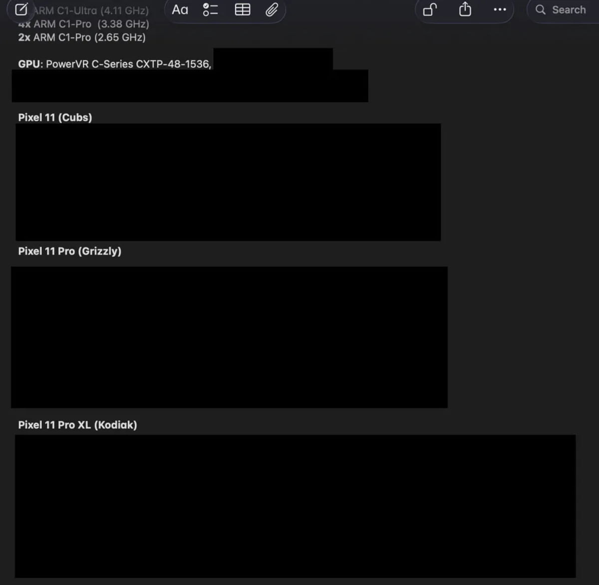 اسکرینشات از سند فنی فاششده شامل مشخصات اولیه خانواده Pixel 11 مانند Pixel 11، Pixel 11 Pro و Pixel 11 Pro XL، همراه با اشاره به GPU PowerVR C‑Series و پیکربندی CPU
