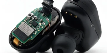 نمایی از هدفون هوشمند VueBuds مجهز به دوربین داخلی و برد الکترونیکی در کنار کیس شارژ روی پس‌زمینه سفید.