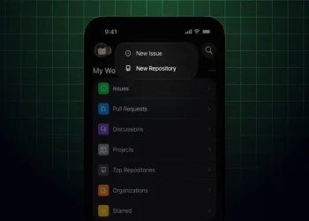 نمای رابط کاربری اپلیکیشن GitHub در موبایل با منوی ایجاد Issue جدید و Repository جدید.