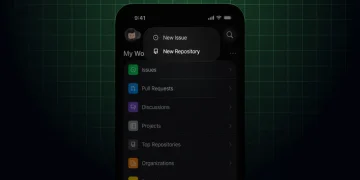 نمای رابط کاربری اپلیکیشن GitHub در موبایل با منوی ایجاد Issue جدید و Repository جدید.