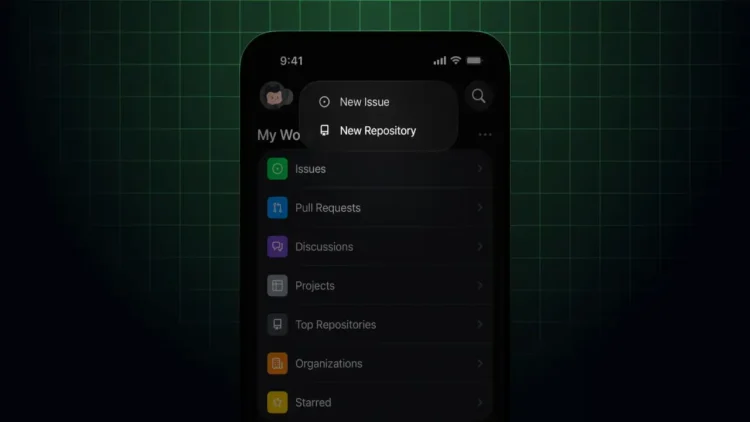 نمای رابط کاربری اپلیکیشن GitHub در موبایل با منوی ایجاد Issue جدید و Repository جدید.