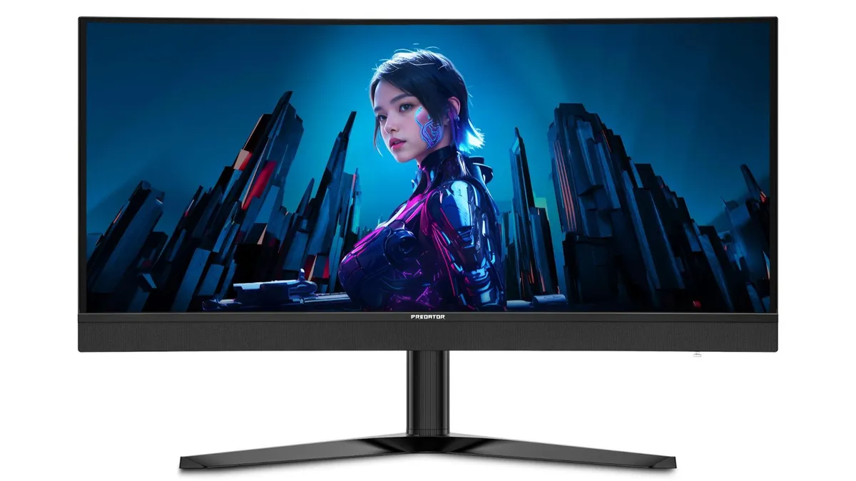 نمای روبهرو از مانیتور گیمینگ Acer Predator با حاشیه باریک و پایه مشکی، در حال نمایش تصویر یک شخصیت سایبرپانکی در پسزمینهای آیندهنگرانه با نور آبی و بنفش