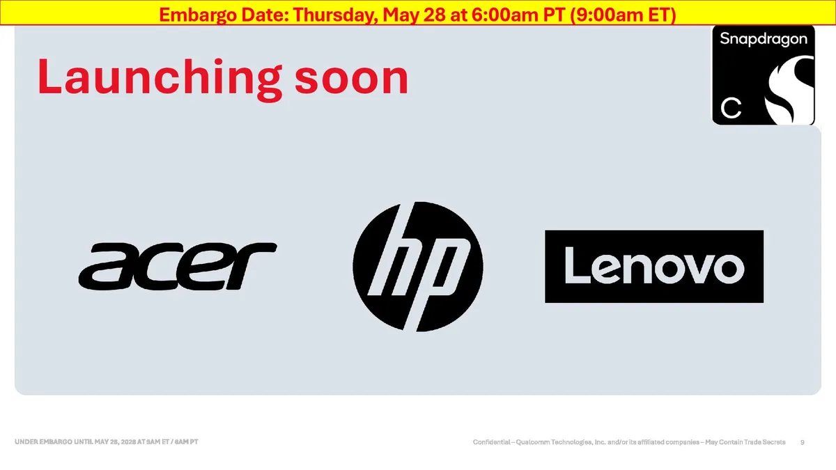 اسلاید معرفی شرکای تجاری پلتفرم Snapdragon C؛ نمایش لوگوی شرکت‌های Acer، HP و Lenovo به عنوان تولیدکنندگان لپ‌تاپ‌های جدید در این سری