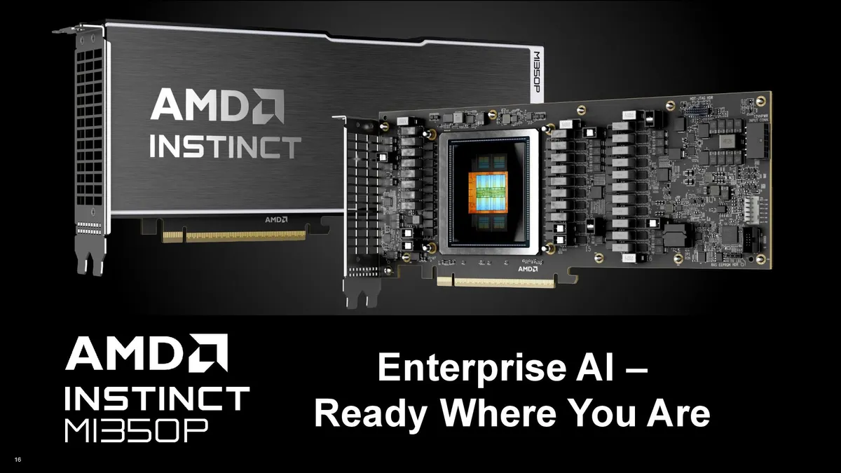 تصویر رندرینگ گرافیکی کارت AMD Instinct MI350P در کنار یک برد مدار چاپی (PCB) باز که جزئیات تراشه اصلی و ماژول‌های HBM را به وضوح نمایش می‌دهد.