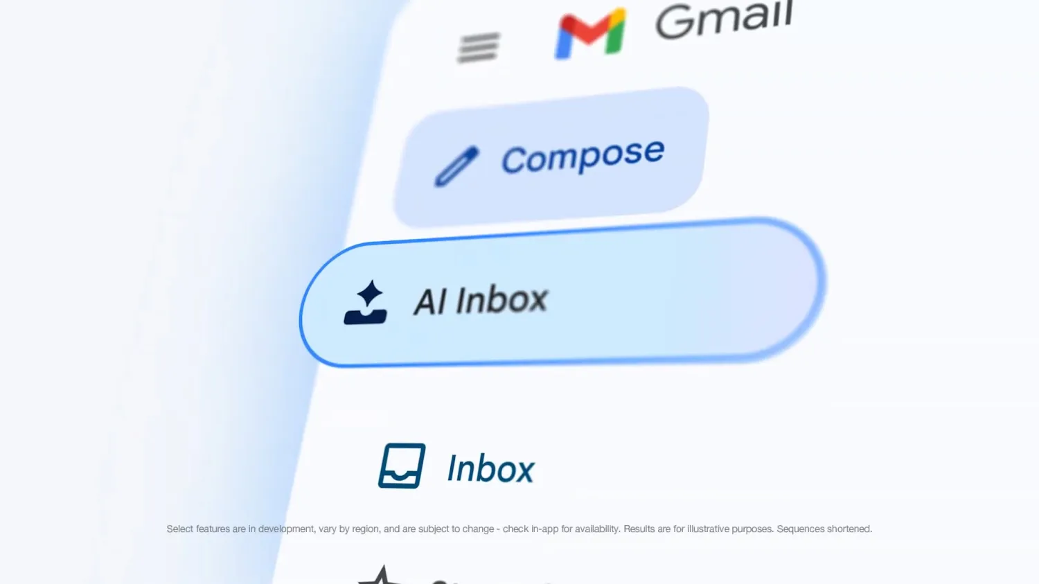 دکمه جدید AI Inbox در منوی کناری Gmail در کنار گزینه Compose، نشان‌دهنده قابلیت‌های جدید هوش مصنوعی گوگل برای مدیریت هوشمند ایمیل‌ها.