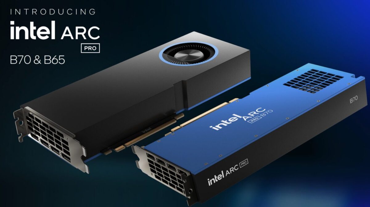 کارت‌های گرافیک Intel Arc Pro مدل‌های B70 و B65 با طراحی مشکی و آبی، معرفی نسل جدید GPUهای حرفه‌ای اینتل برای رندرینگ و پردازش‌های سنگین.