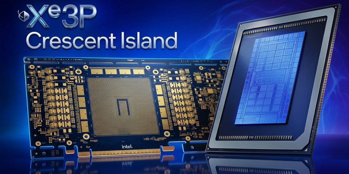 تصویر شماتیک یا رندر فنی از شتابدهنده PCIe Intel Crescent Island؛ نمایش طراحی کلی، ابعاد و محل قرارگیری اجزای اصلی روی برد PCB.