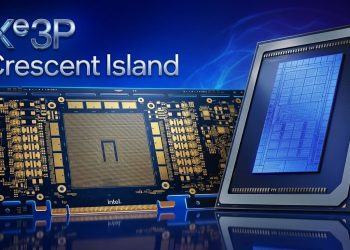 تصویر شماتیک یا رندر فنی از شتاب‌دهنده PCIe Intel Crescent Island؛ نمایش طراحی کلی، ابعاد و محل قرارگیری اجزای اصلی روی برد PCB.