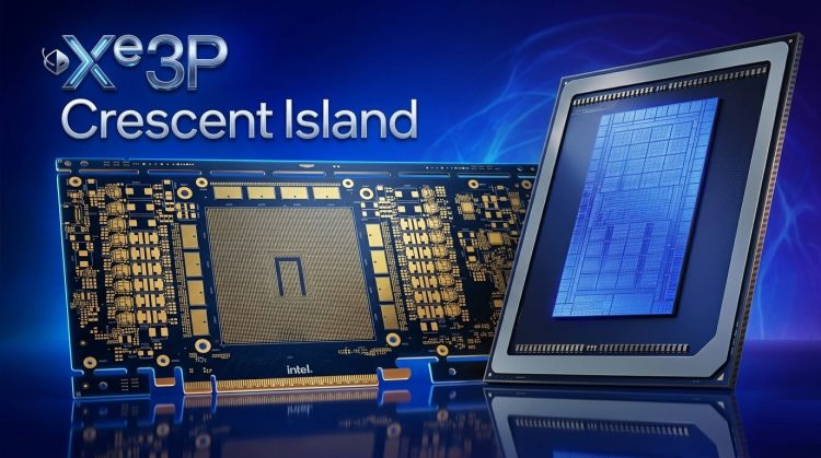 تصویر شماتیک یا رندر فنی از شتاب‌دهنده PCIe Intel Crescent Island؛ نمایش طراحی کلی، ابعاد و محل قرارگیری اجزای اصلی روی برد PCB.