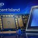 تصویر شماتیک یا رندر فنی از شتابدهنده PCIe Intel Crescent Island؛ نمایش طراحی کلی، ابعاد و محل قرارگیری اجزای اصلی روی برد PCB.