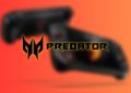تصویر تبلیغاتی یک کنترلر بازی با لوگوی Predator روی پسزمینهای محو با گرادیان قرمز و نارنجی.