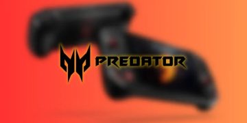 تصویر تبلیغاتی یک کنترلر بازی با لوگوی Predator روی پسزمینهای محو با گرادیان قرمز و نارنجی.