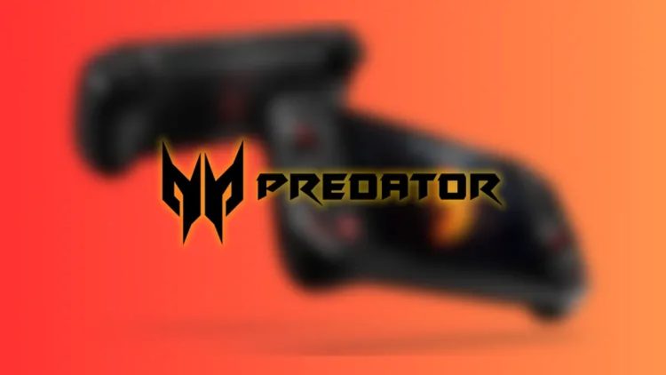 تصویر تبلیغاتی یک کنترلر بازی با لوگوی Predator روی پسزمینهای محو با گرادیان قرمز و نارنجی.