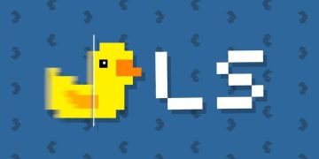 تصویر گرافیکی یک اردک پیکسلی زرد با افکت مقایسه پیکسل‌سازی و لبه‌گذاری نرم (anti‑alias) روی پس‌زمینه آبی با الگوهای تکراری.