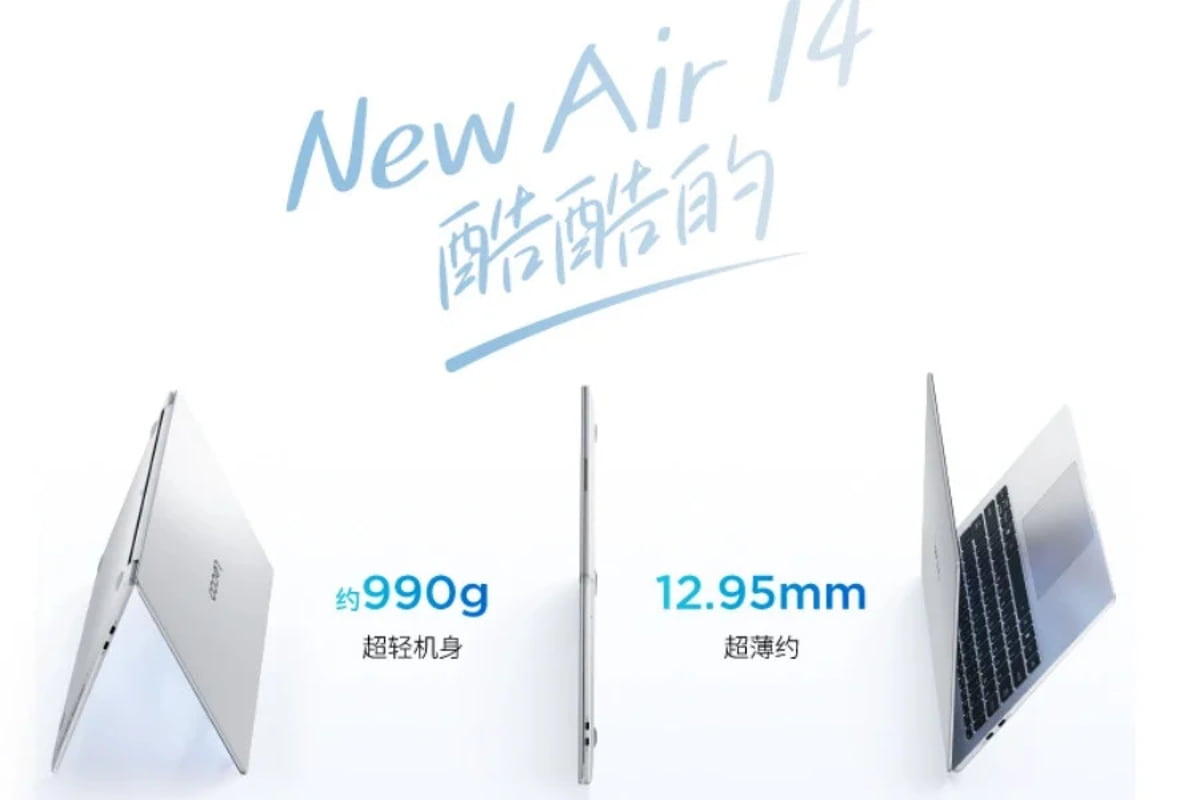 تصویر تبلیغاتی لپ‌تاپ Lenovo Lecoo Air 14 که ویژگی‌های وزن سبک ۹۹۰ گرمی و ضخامت باریک ۱۲.۹۵ میلی‌متری را در زوایای مختلف به نمایش می‌گذارد