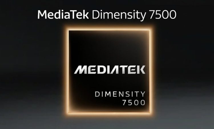 تصویر استودیویی چیپست MediaTek Dimensity 7500؛ لوگوی مدیاتک در مرکز یک قاب مربعی با نورپردازی طلایی در پس‌زمینه‌ای تیره و مینیمال