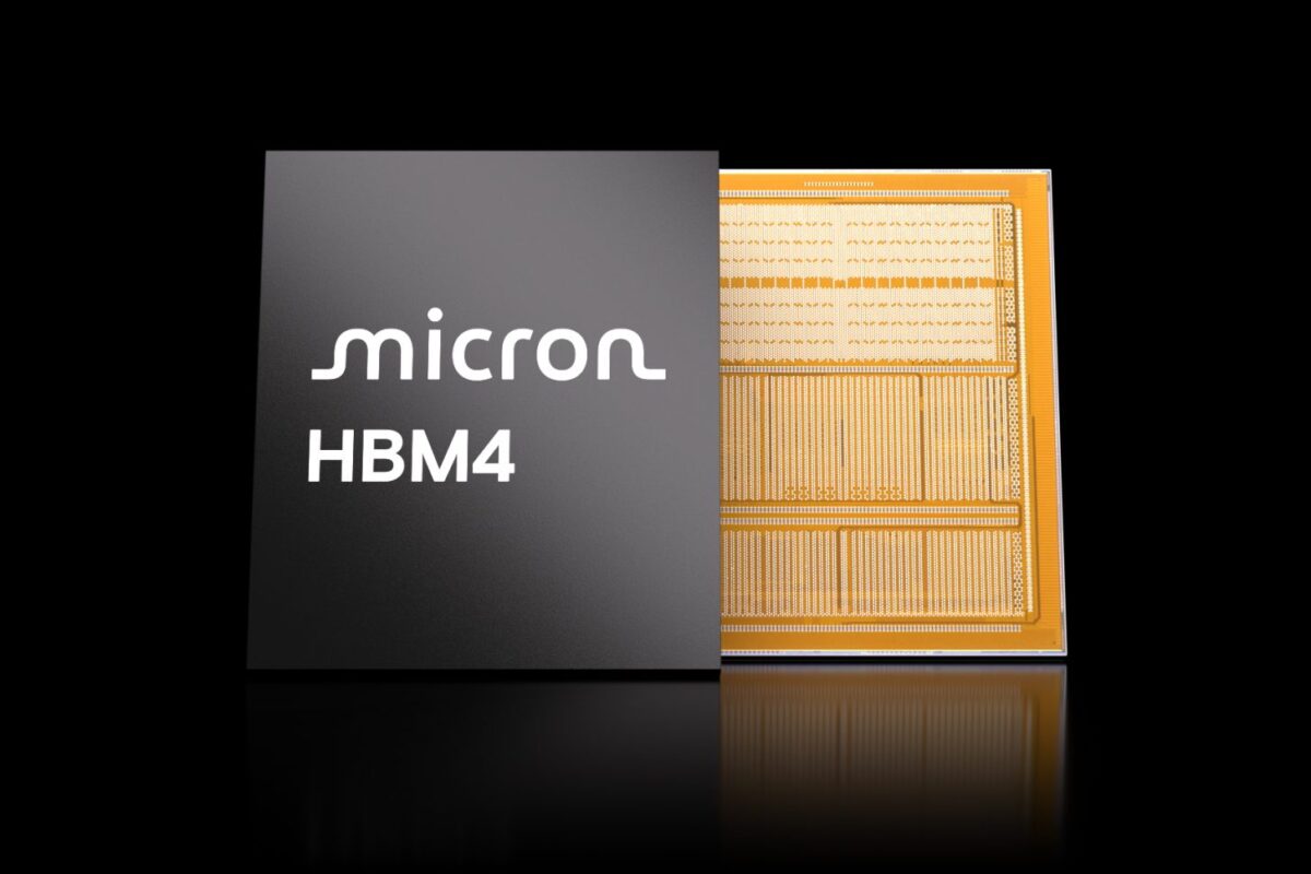 چیپ حافظه Micron HBM4 در کنار نمای داخلی سیلیکونی، نشاندهنده نسل جدید حافظههای پرسرعت برای پردازش هوش مصنوعی و GPU.