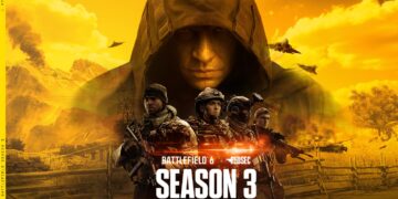 پوستر بازی Battlefield 6 Season 3 با حضور چند سرباز مسلح در میدان نبرد و جنگنده‌ها در آسمان.