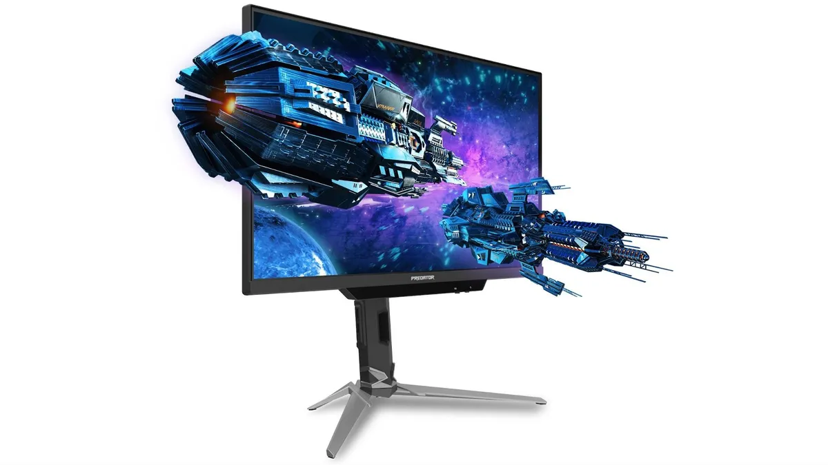 مانیتور گیمینگ Acer Predator با پایه سهپایه فلزی، در حال نمایش افکت سه بعدی خروج دو سفینه فضایی آبیرنگ از صفحه نمایش