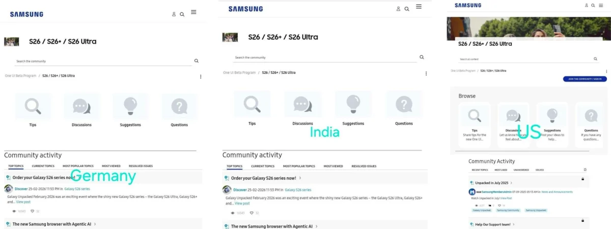 اسکرین‌شات صفحات Samsung Community مربوط به نسخه بتای One UI 9 برای سری Galaxy S26 در کشورهای آلمان، هند و آمریکا