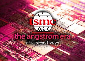 تصویر مفهومی از ویفر نیمه‌رسانا با لوگوی TSMC و عبارت The Angstrom Era of Semiconductors که به نسل جدید فناوری ساخت تراشه اشاره دارد