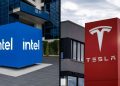 مقایسه دو ساختمان با لوگوهای Intel و Tesla در یک تصویر ترکیبی، نماد حضور دو غول فناوری در صنایع رایانش و خودروهای هوشمند.