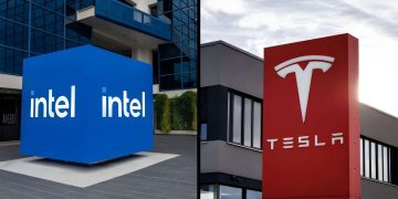 مقایسه دو ساختمان با لوگوهای Intel و Tesla در یک تصویر ترکیبی، نماد حضور دو غول فناوری در صنایع رایانش و خودروهای هوشمند.