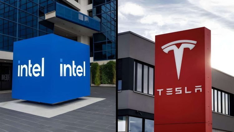 مقایسه دو ساختمان با لوگوهای Intel و Tesla در یک تصویر ترکیبی، نماد حضور دو غول فناوری در صنایع رایانش و خودروهای هوشمند.