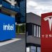 مقایسه دو ساختمان با لوگوهای Intel و Tesla در یک تصویر ترکیبی، نماد حضور دو غول فناوری در صنایع رایانش و خودروهای هوشمند.
