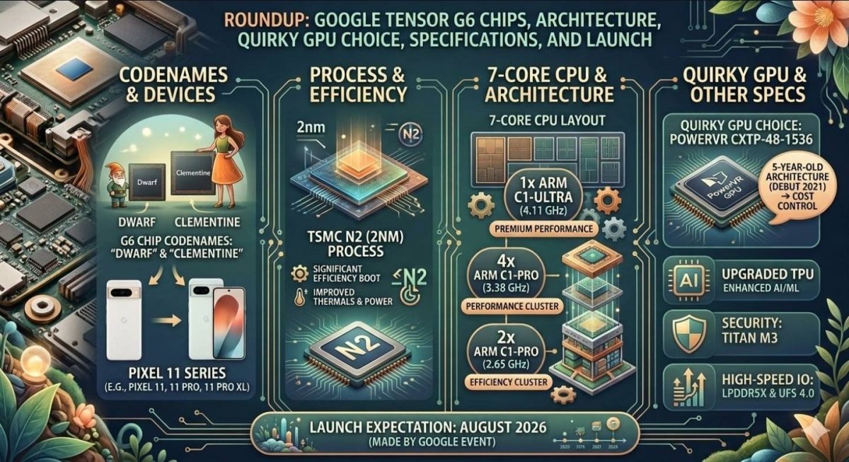 اینفوگرافیک تراشه Tensor G6 گوگل با فرایند ساخت ۲ نانومتری TSMC و معماری ۷‌هسته‌ای